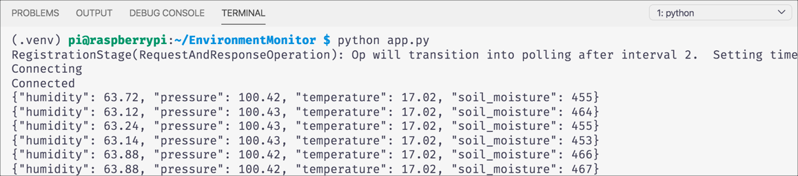 The app running showing telemetry in the terminal