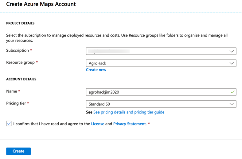 The Azure maps resource details