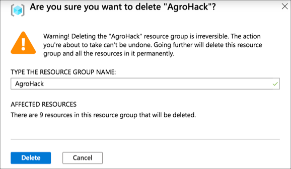 The delete resource group confirmation