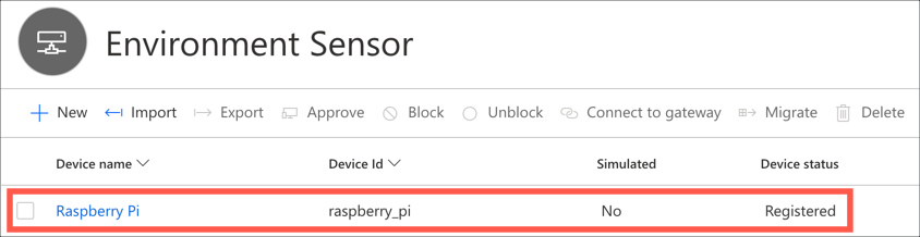 The devices list showing the new Raspberry Pi decice