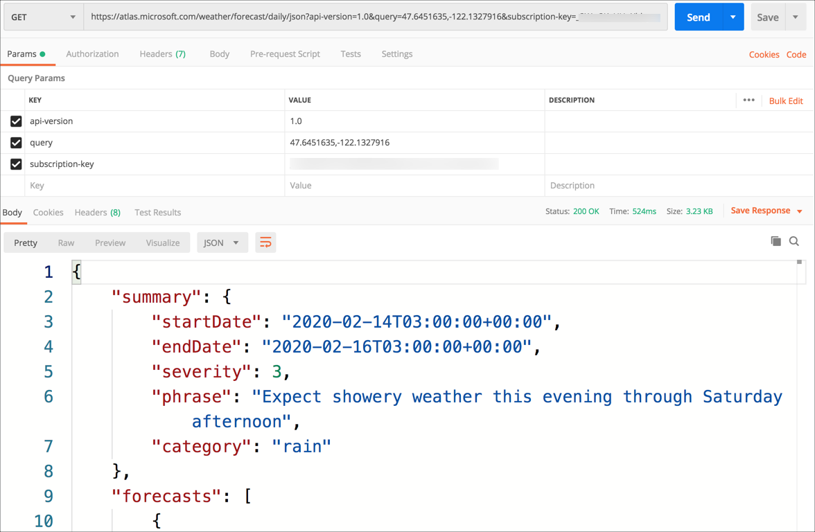 The weather query in Postman