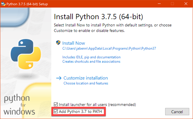 The python installer dialog highlighting the Add Python 3.8 to PATH option