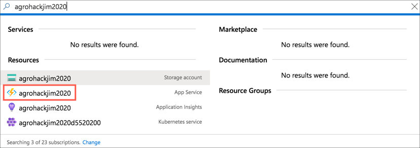 searching for the function app